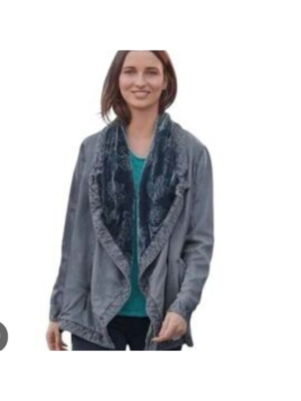 Sundance Jacket Medium Gray Blue Velvet Trim Draped Convertible Moto Boho
